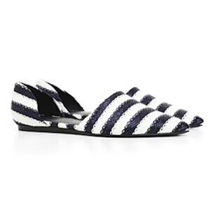 Jenni Kayne Raffia Pointed Toe Striped D'Orsay Flats In Navy And White Size 8
